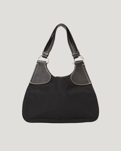 三角ロゴ金具ナイロンレザーハンドバッグ