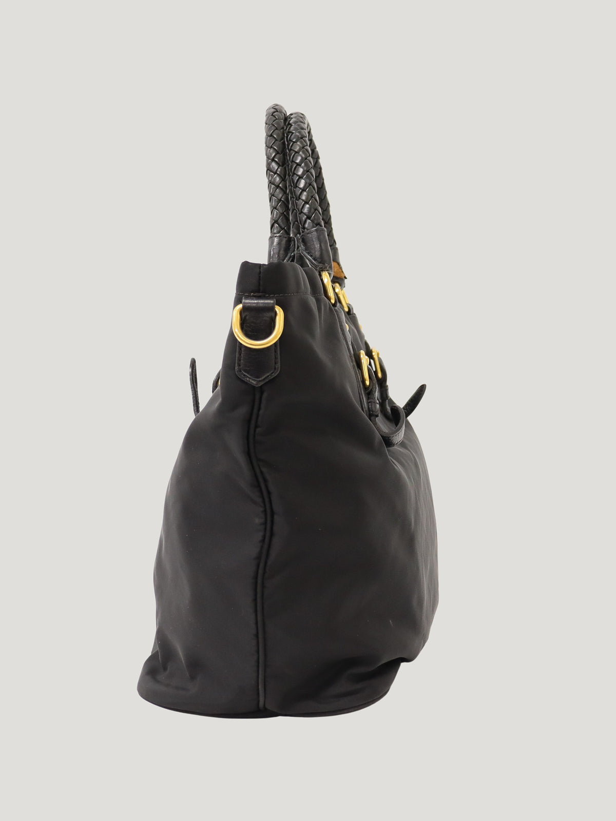 Triangular logo hardware nylon and leather tote bag
