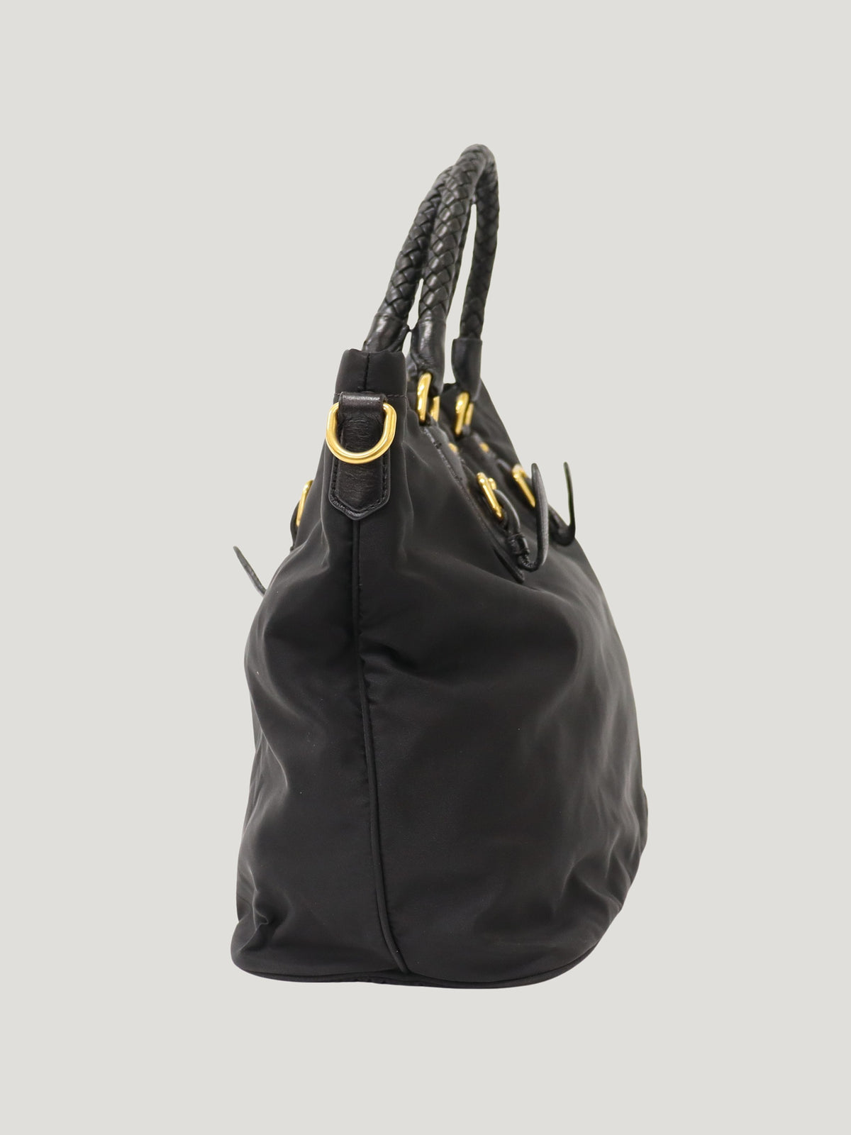 Triangular logo hardware nylon and leather tote bag