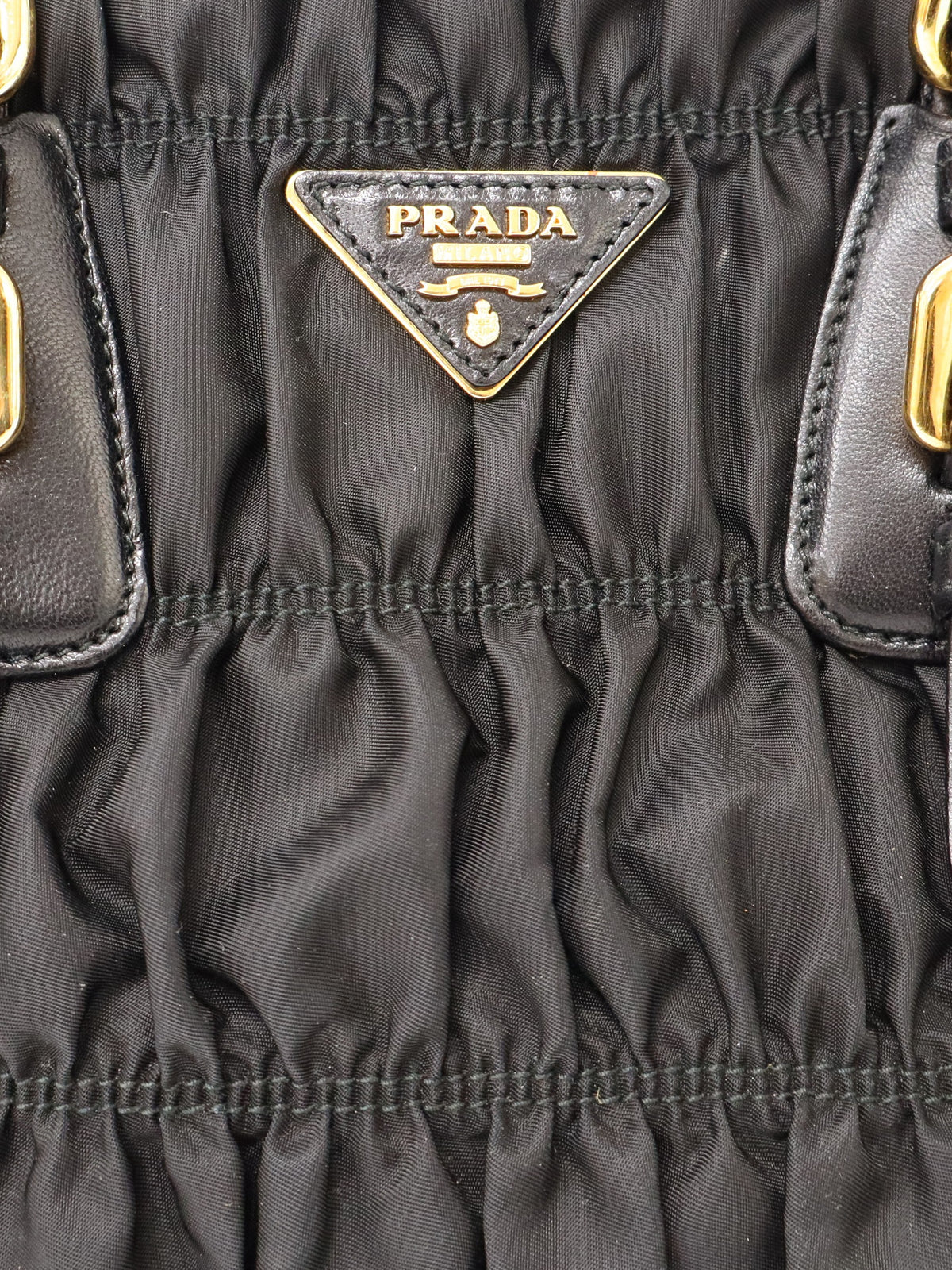 Logo hardware gathered nylon handbag