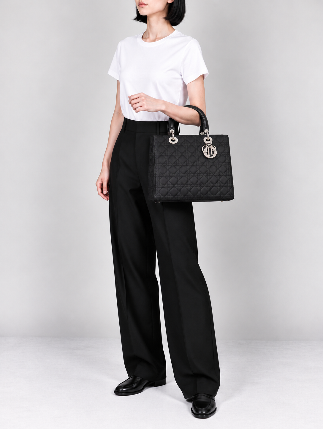 Lady Dior Nylon Leather Handbag