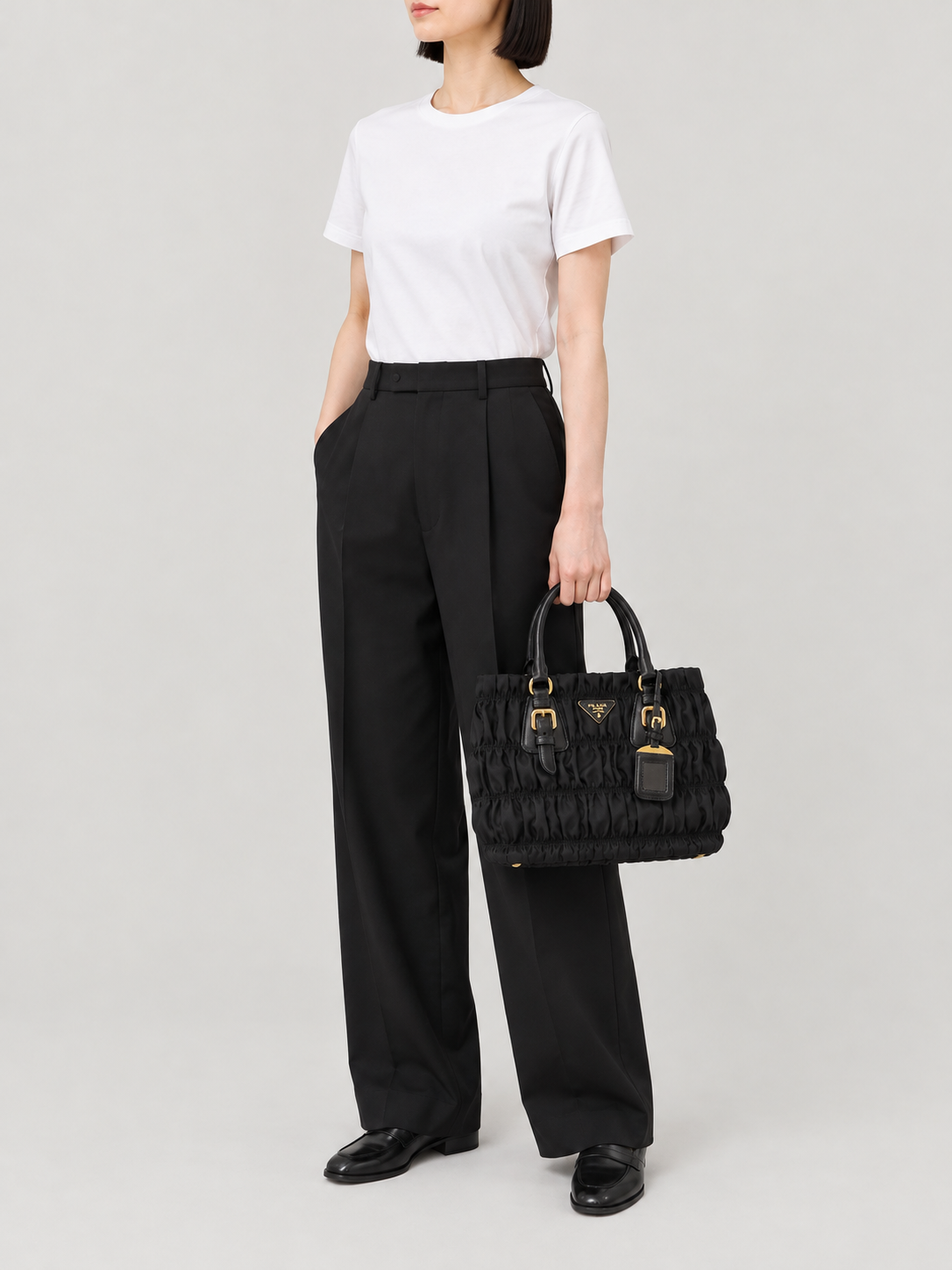 Logo hardware gathered nylon handbag