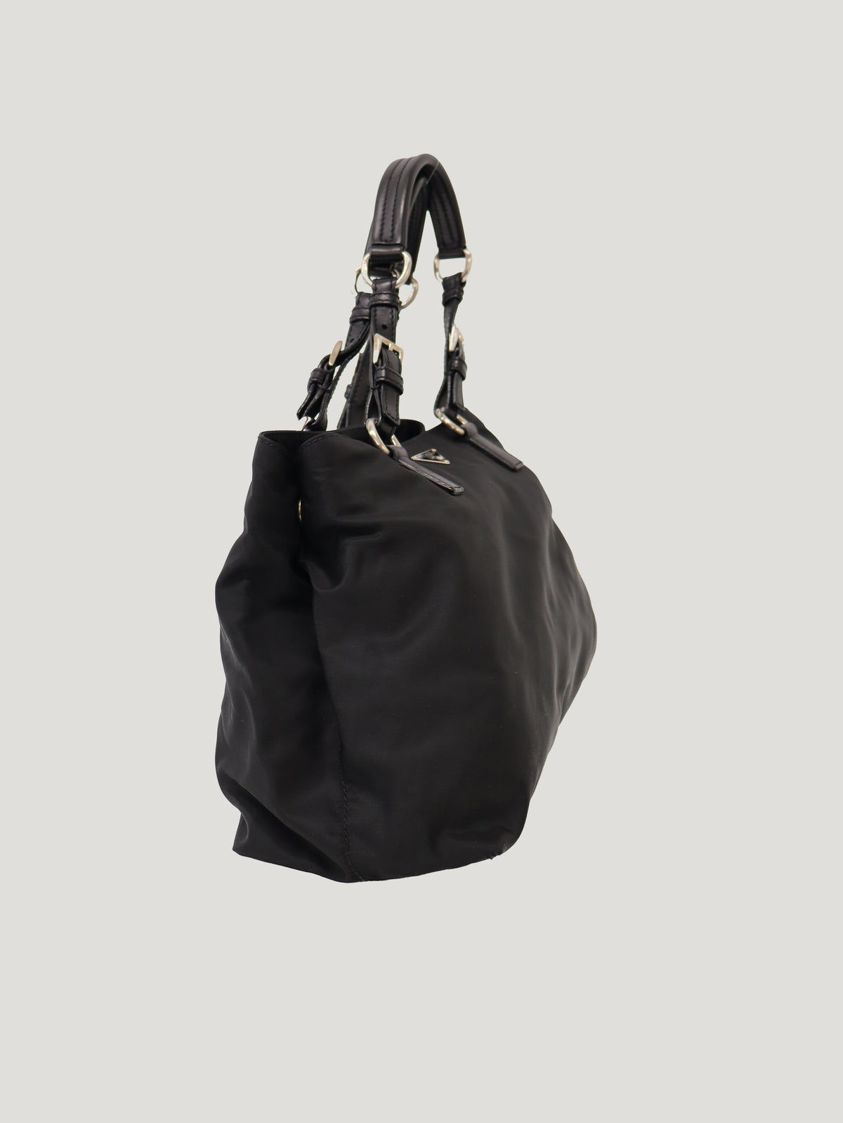 Triangle Logo Nylon and Leather Handbag
