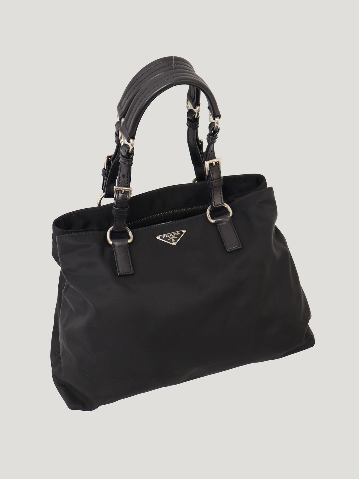 Triangle Logo Nylon and Leather Handbag