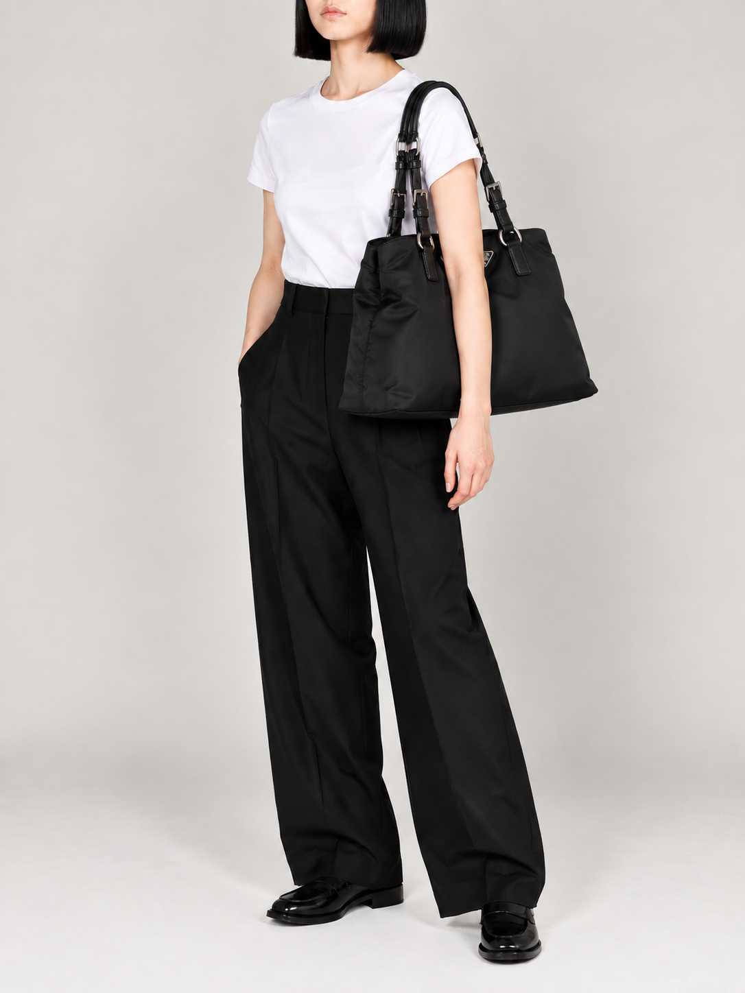 Triangle Logo Nylon and Leather Handbag