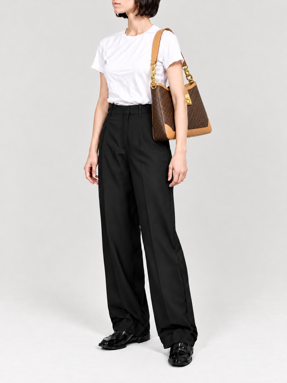 Macadam-pattern one-shoulder bag with Gancini clasp